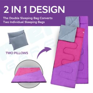 Double Sleeping Bag for Adults Kids - Lightweight 2 Person Sleeping Bag with Pillow, Waterproof Camping Two Person Sleeping Bag for Girls, Boys, Youths, Teens, Compact Sleeping Bag for Cold Weather