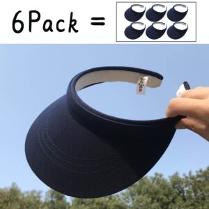 6 Pack Visor for Women Men Adjustable Sun Hats Outdoor Sports Visors Wide Brim Uv Protection Twill Clip On Cap Summer Beach Golf Blue (Navy)