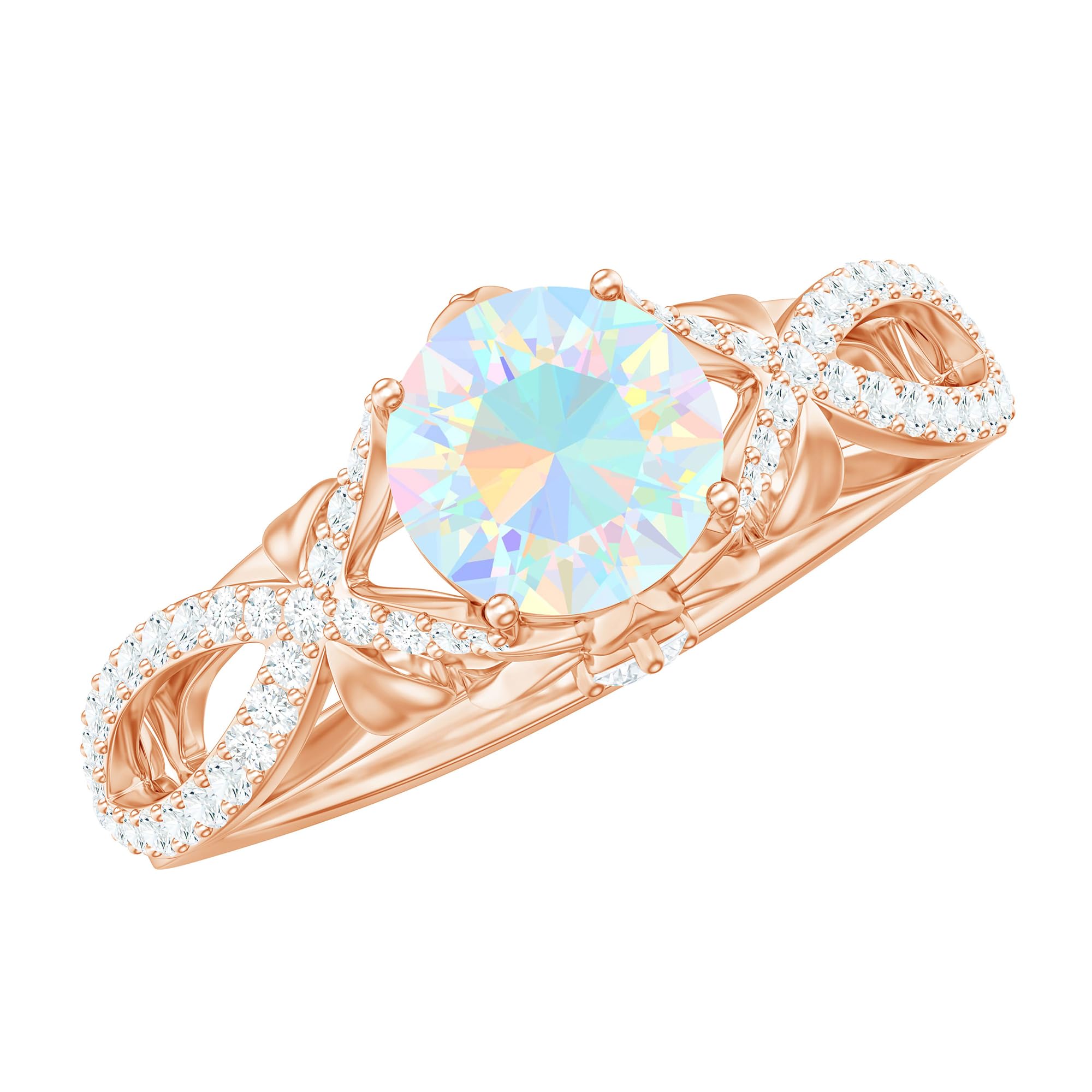 Certified Opal Diamond Solitaire Engagement Ring, Natural Round 6mm Opal Crossover Ring - With Jewelry Box, 14K Rose Gold, Size:US 9.00