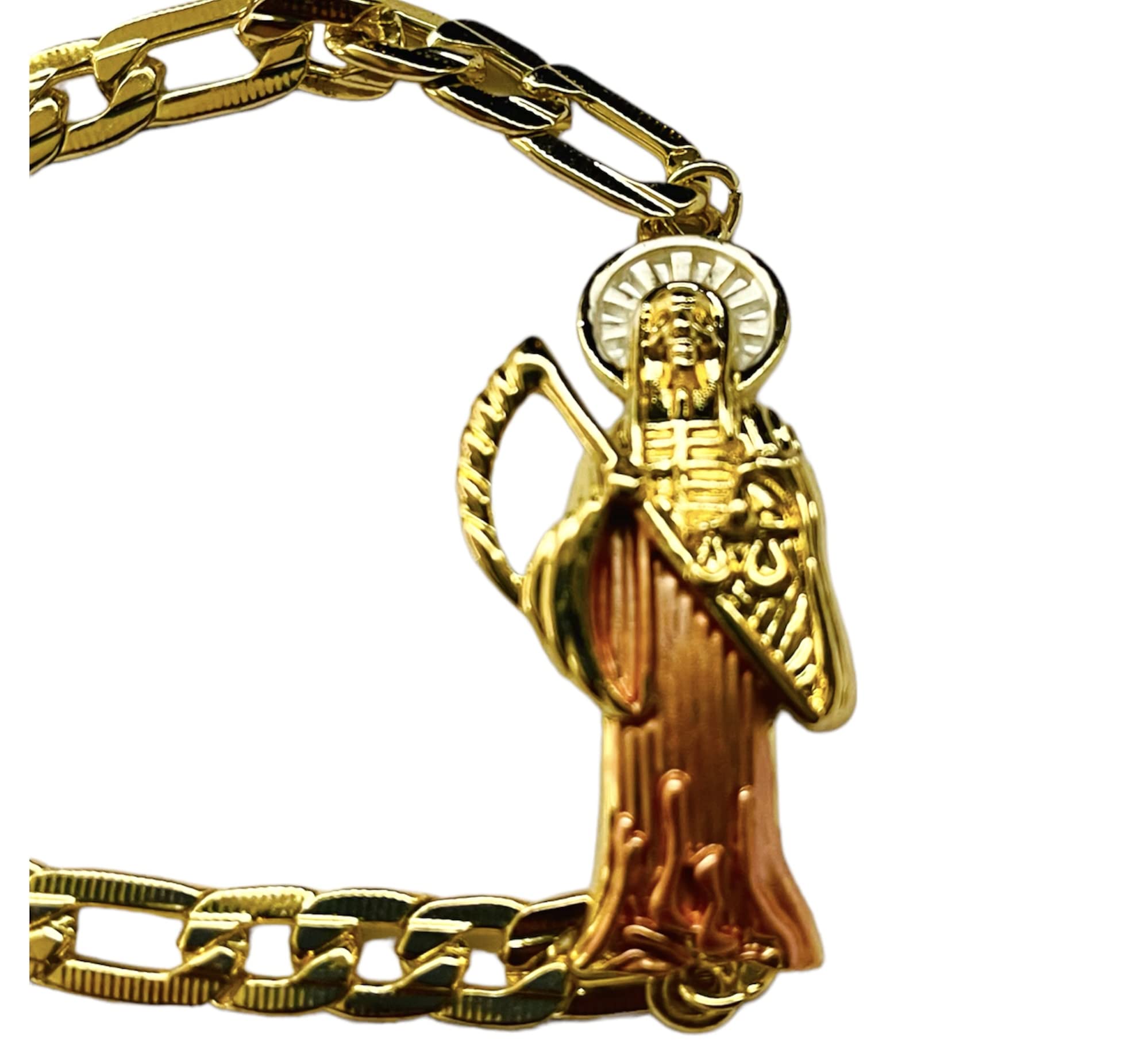 Grim Reaper ID Bracelet 3 tone Cuban Links Pulcera de La SANTA MUERTE, 9 inch