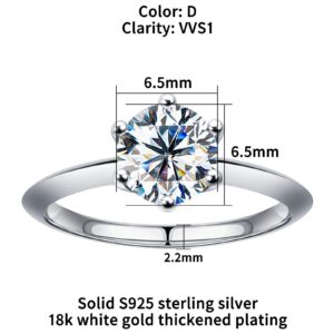 SAMIOVJ Moissanite Rings for Women, D Color Round Solitaire Lab Created Diamond Ring 18K White Gold Plated 925 Sterling Silver 6 Prong Moissanite Engagement Ring