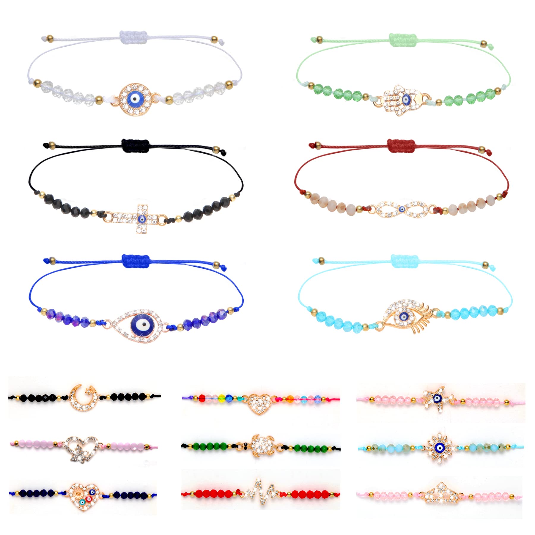 15 pcs Evil Eye Bracelets Mexican String Knot Bracelets Beaded Adjustable Handmade Braided Bracelet Set Evil Eye Anklets Jewelry for Women