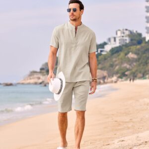 COOFANDY Men's 2 Pieces Linen Set Casual Henley Shirts Short Sleeve Beach Yoga Shorts Summer Pants Outfits