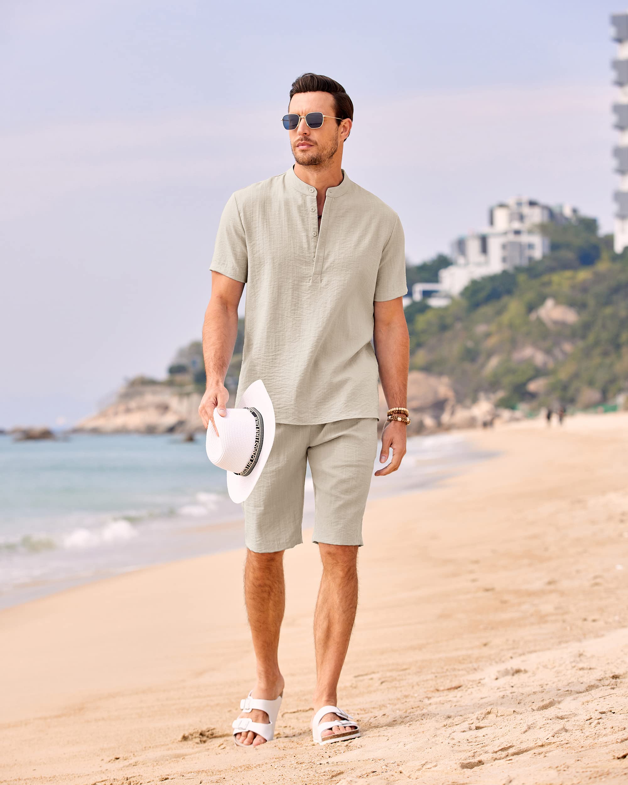 COOFANDY Men's 2 Pieces Linen Set Casual Henley Shirts Short Sleeve Beach Yoga Shorts Summer Pants Outfits