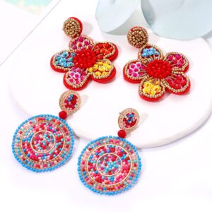 YAHPERN 4 Pairs Beaded Earrings for Women Boho Geometric Beaded Dangle Earrings Statement Pineapple Flower Drop Earrings Colorful Summer Earrings Set Jewelry Gift (Style C)