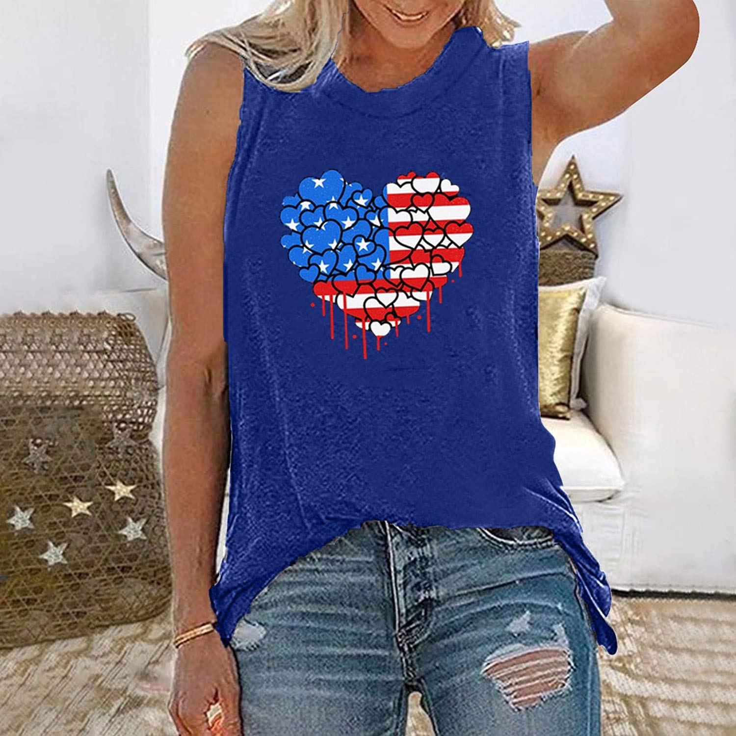 Womens American Flag Tops July 4th Sleeveless/Short Sleeve Tie Dye Print T-Shirt Casual Independence Day Patriotic Tees Blue