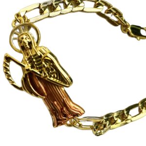 Grim Reaper ID Bracelet 3 tone Cuban Links Pulcera de La SANTA MUERTE, 9 inch