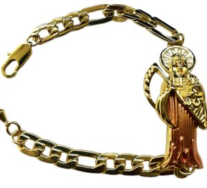 grim reaper id bracelet 3 tone cuban links pulcera de la santa muerte, 9 inch