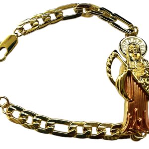 Grim Reaper ID Bracelet 3 tone Cuban Links Pulcera de La SANTA MUERTE, 9 inch