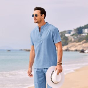 COOFANDY Men's 2 Pieces Linen Set Casual Henley Shirts Short Sleeve Beach Yoga Shorts Summer Pants Outfits