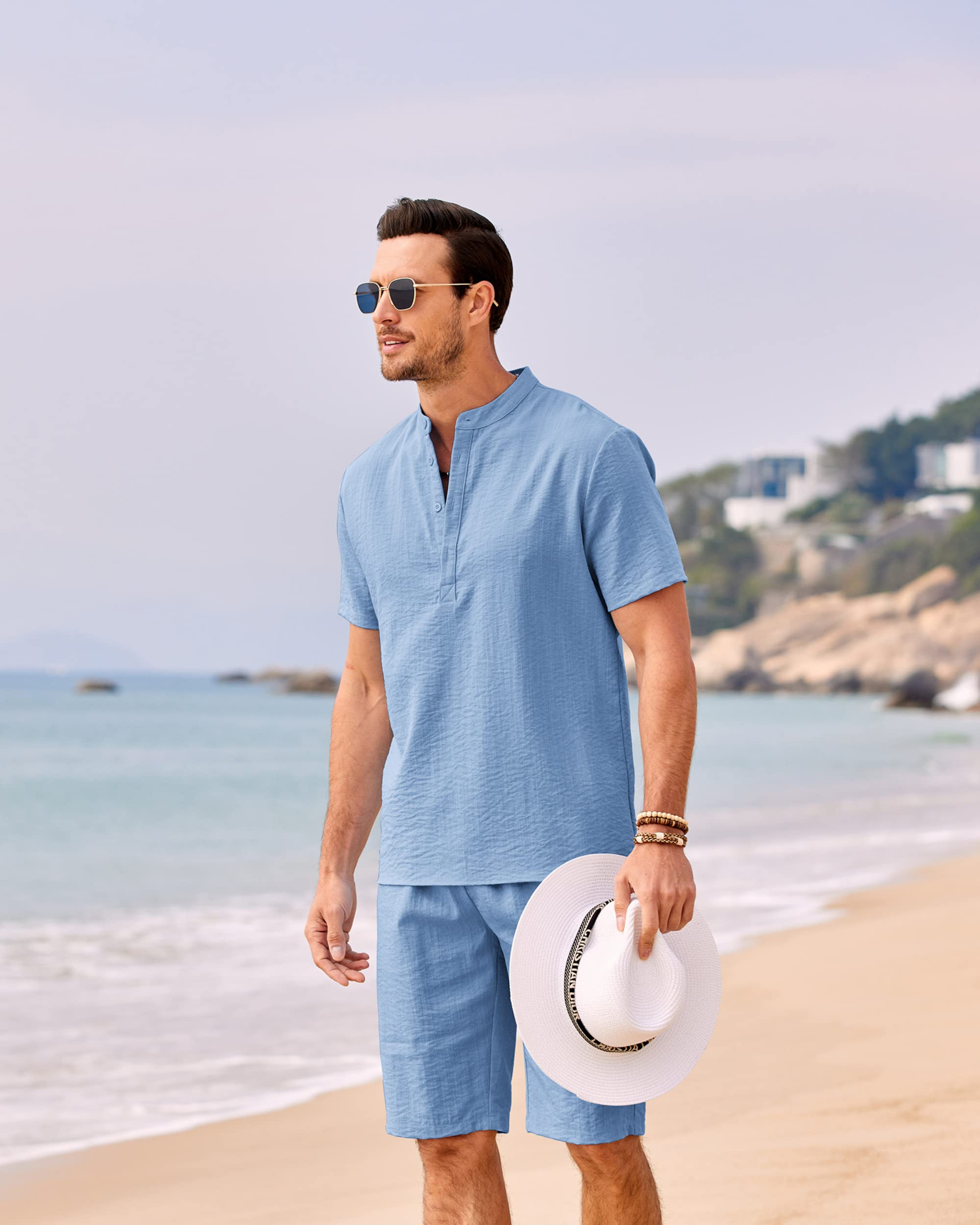 COOFANDY Men's 2 Pieces Linen Set Casual Henley Shirts Short Sleeve Beach Yoga Shorts Summer Pants Outfits