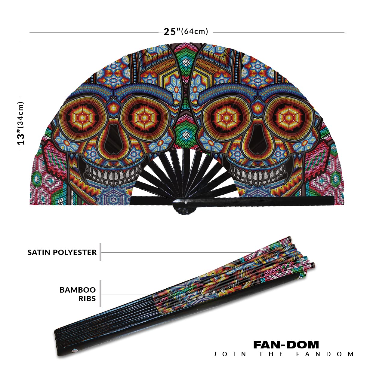 Dia De Los Muertos Hand Fan Foldable Bamboo Circuit Rave Hand Fans Colorful Sugar Mexican Skulls Day Dead Huichol Outfit Party Gear Gifts Music Festival Rave Accessories (Style 3)