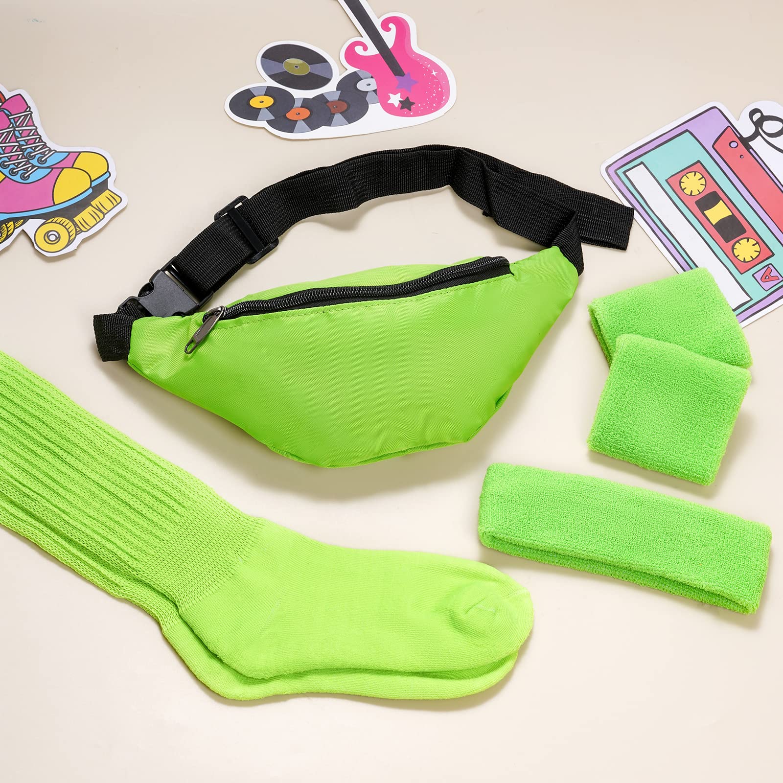 Dxhycc 80s Workout Costume Headband Wristband Set Neon Fanny Pack Running Headband Wristbands and Slouch Socks for Yoga Running Hiking Traveling Green