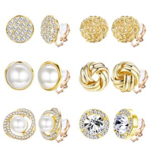 HAIAISO 6 Pairs Clip On Earrings Cubic Zirconia Pearl Knot Twist Clip On Earrings Non Pierced for Women Clip Earrings Set