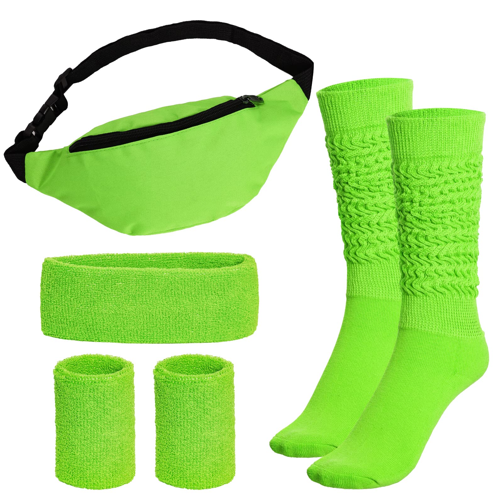 Dxhycc 80s Workout Costume Headband Wristband Set Neon Fanny Pack Running Headband Wristbands and Slouch Socks for Yoga Running Hiking Traveling Green