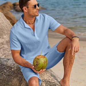 COOFANDY Men's 2 Pieces Linen Set Casual Henley Shirts Short Sleeve Beach Yoga Shorts Summer Pants Outfits