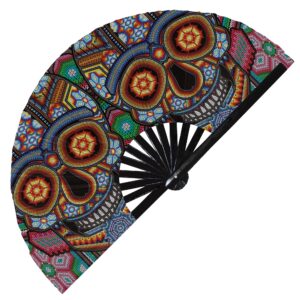 dia de los muertos hand fan foldable bamboo circuit rave hand fans colorful sugar mexican skulls day dead huichol outfit party gear gifts music festival rave accessories (style 3)