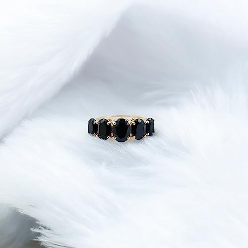 Certified Black Onyx 5 Stone Ring for Women, AAA Quality, Natural Onyx Anniversary Ring - Ready To Gift, 14K Yellow Gold, Size:US 10.00