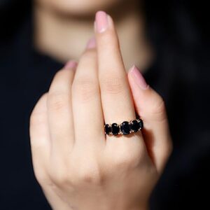 Certified Black Onyx 5 Stone Ring for Women, AAA Quality, Natural Onyx Anniversary Ring - Ready To Gift, 14K Yellow Gold, Size:US 10.00