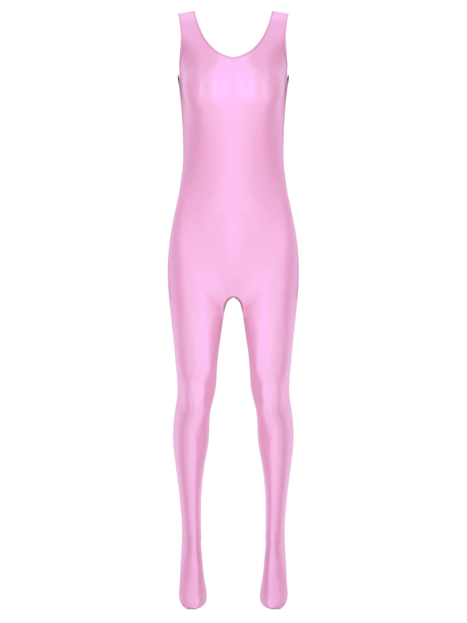 Manyakai Women Glossy Athletic Sleeveless Tank Full Body Leotard Gymnastics Bodysuit Workout Yoga Costume Pink Medium