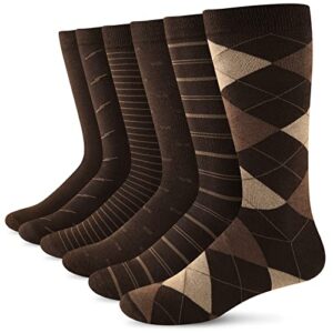 yousu mens dress socks business casual solid pattern cotton crew sock 6 pairs pattern brown