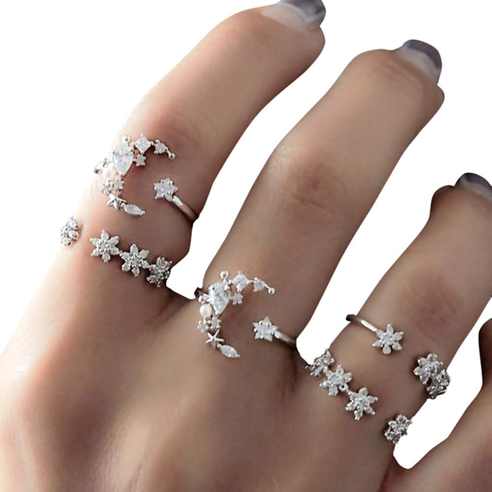 Mood Changing Ring Teenager Jewelry for Girls 14 Stainless Steel Ring Set Wedding Crystal Star Lover Stack Women 5PC Moon Rings Set Silver Bohemian Rings Gold Wrap Green Gold Ring (Silver, One Size)