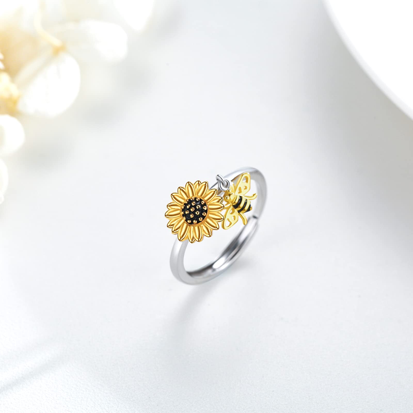 Sunflower Rings Sterling Silver Sunflower and Bee Rings Sunflower Adjustable Bee Ring Sunflower Jewelr Gifts for Women Girls Summer Birthday Mother's Day