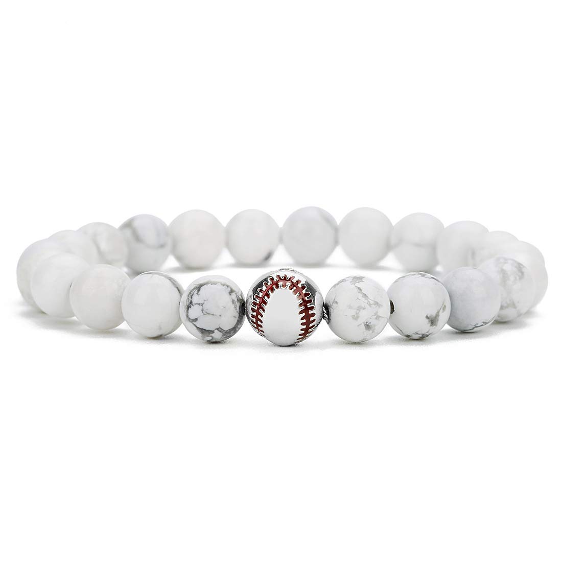 Fuqimanman2020 Baseball Beads Bracelet 8mm White Turquoise Matte Agate Beads Elastic Bracelet-White Turquoise