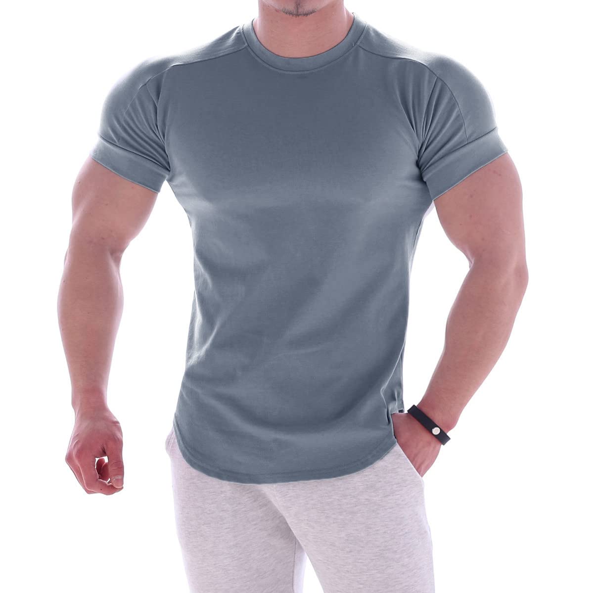 Magiftbox Mens Muscle Cotton Lightweight Workout Short Sleeve T-shirts Gym Sweat Tee T24_Greyblue_US-XL