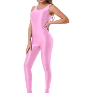 Manyakai Women Glossy Athletic Sleeveless Tank Full Body Leotard Gymnastics Bodysuit Workout Yoga Costume Pink Medium