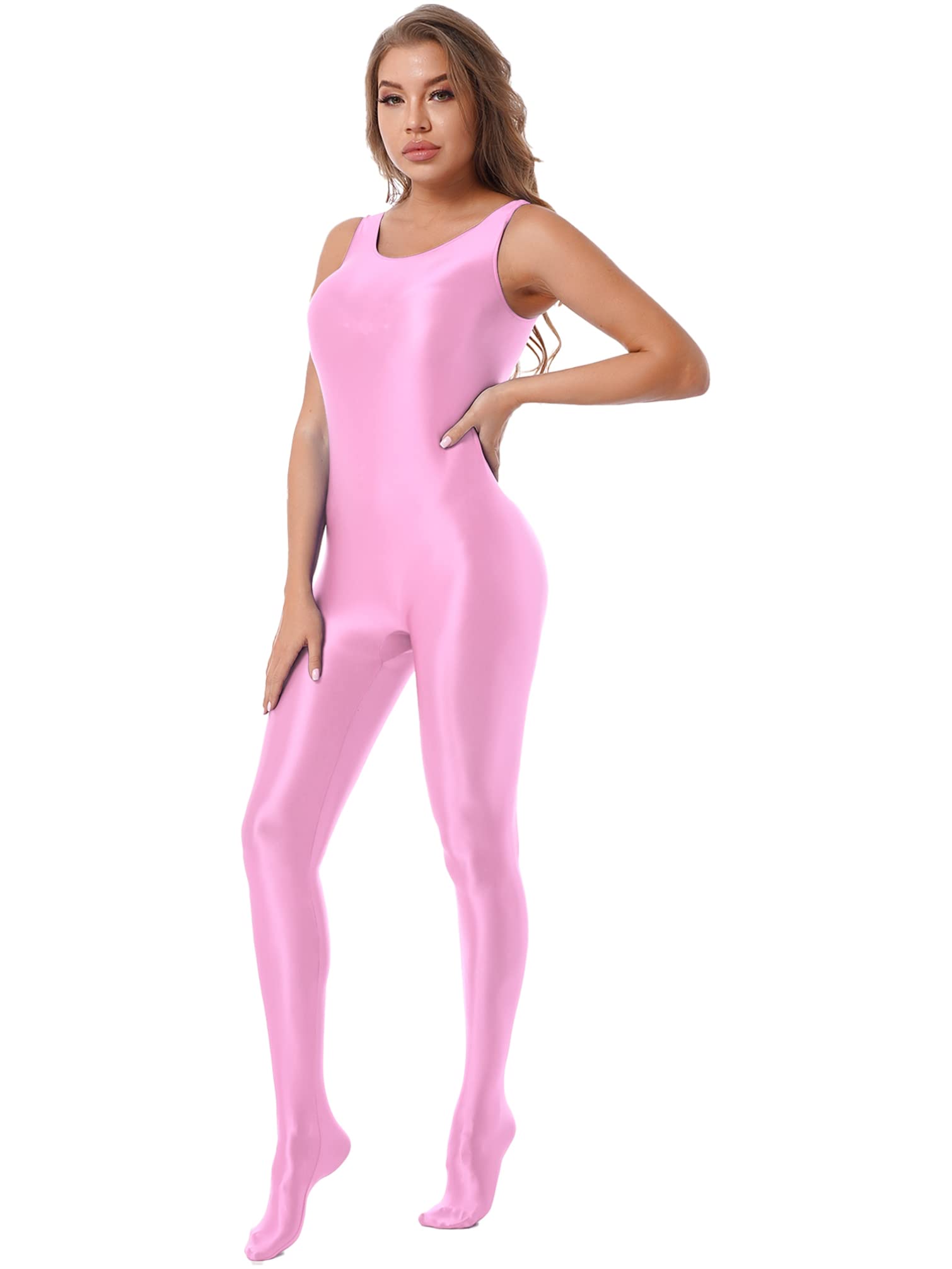 Manyakai Women Glossy Athletic Sleeveless Tank Full Body Leotard Gymnastics Bodysuit Workout Yoga Costume Pink Medium