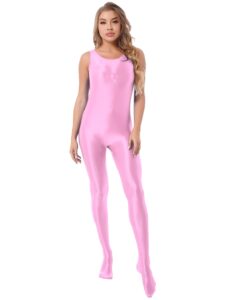 manyakai women glossy athletic sleeveless tank full body leotard gymnastics bodysuit workout yoga costume pink medium