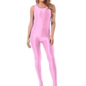 Manyakai Women Glossy Athletic Sleeveless Tank Full Body Leotard Gymnastics Bodysuit Workout Yoga Costume Pink Medium