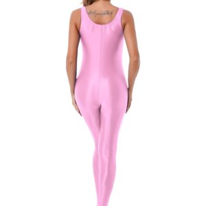 Manyakai Women Glossy Athletic Sleeveless Tank Full Body Leotard Gymnastics Bodysuit Workout Yoga Costume Pink Medium