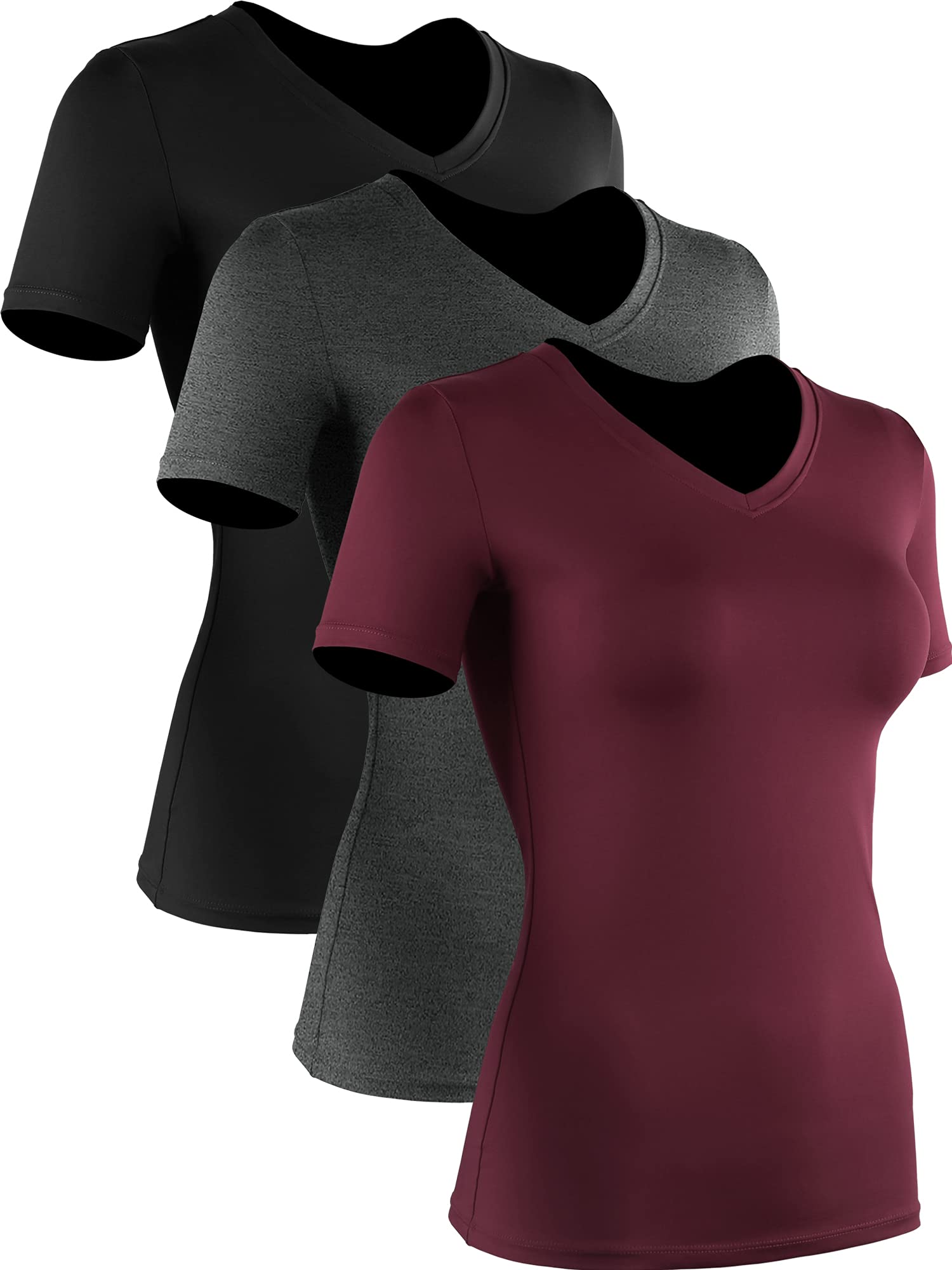 CADMUS Workout t-Shirts for Women Quick Dry Gym Shirts V-Neck, Black, Grey, Wine Red, Large