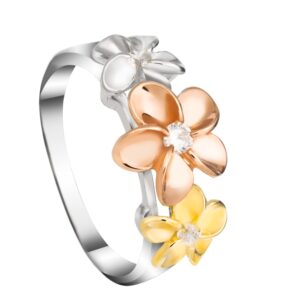 aloha jewelry company 925 sterling silver 14k gold pated tri-color cubic zirconia three hawaiian plumeria flower ring, nickle free hypoallergenic for sensitive skin, gift box included (8)