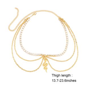 Asooll Gold Crystal Leg Chain Snake Rhinestones Thigh Chain Layered Leg Body Jewerly Fashion Beach Party Rave Body Accessories Jewelry for Women and Girls