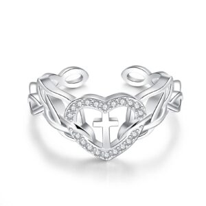 QIUQIULU Celtic Knot Open Finger Ring 925 Sterling Silver Heart Cross Ring Adjustable Size 6-9