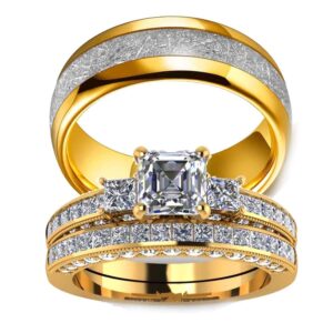 Couple Ring Bridal Set His And Hers Women 10k Yellow Gold Filled Square CZ Men Stainless Steel Band Wedding Ring Band Set