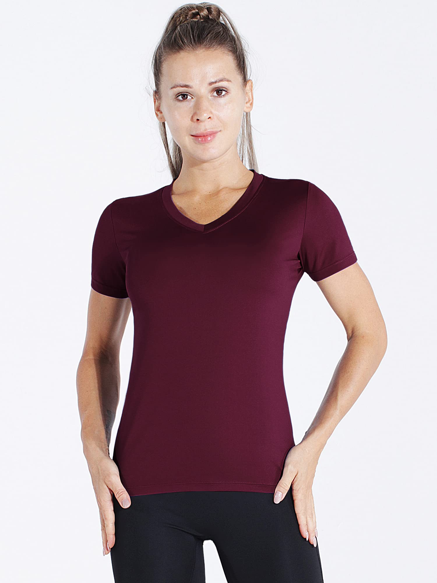 CADMUS Workout t-Shirts for Women Quick Dry Gym Shirts V-Neck, Black, Grey, Wine Red, Large