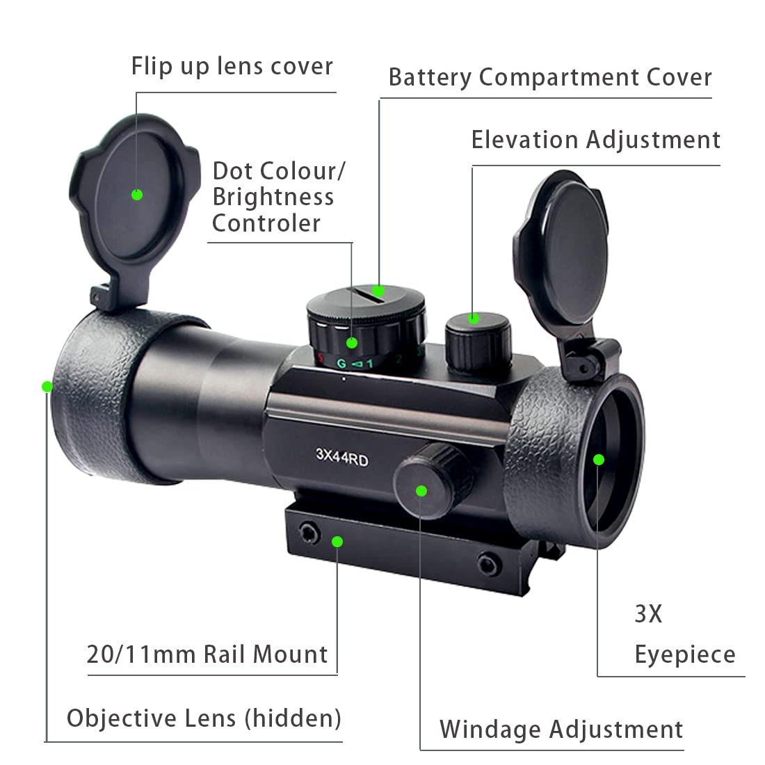 MOSANDON 3X44mm Red Green Dot Sight Scope,3X Eyepiece Reflex Sight with Lens Cap for 20mm/11mm Weaver Picatinny Rail Mount