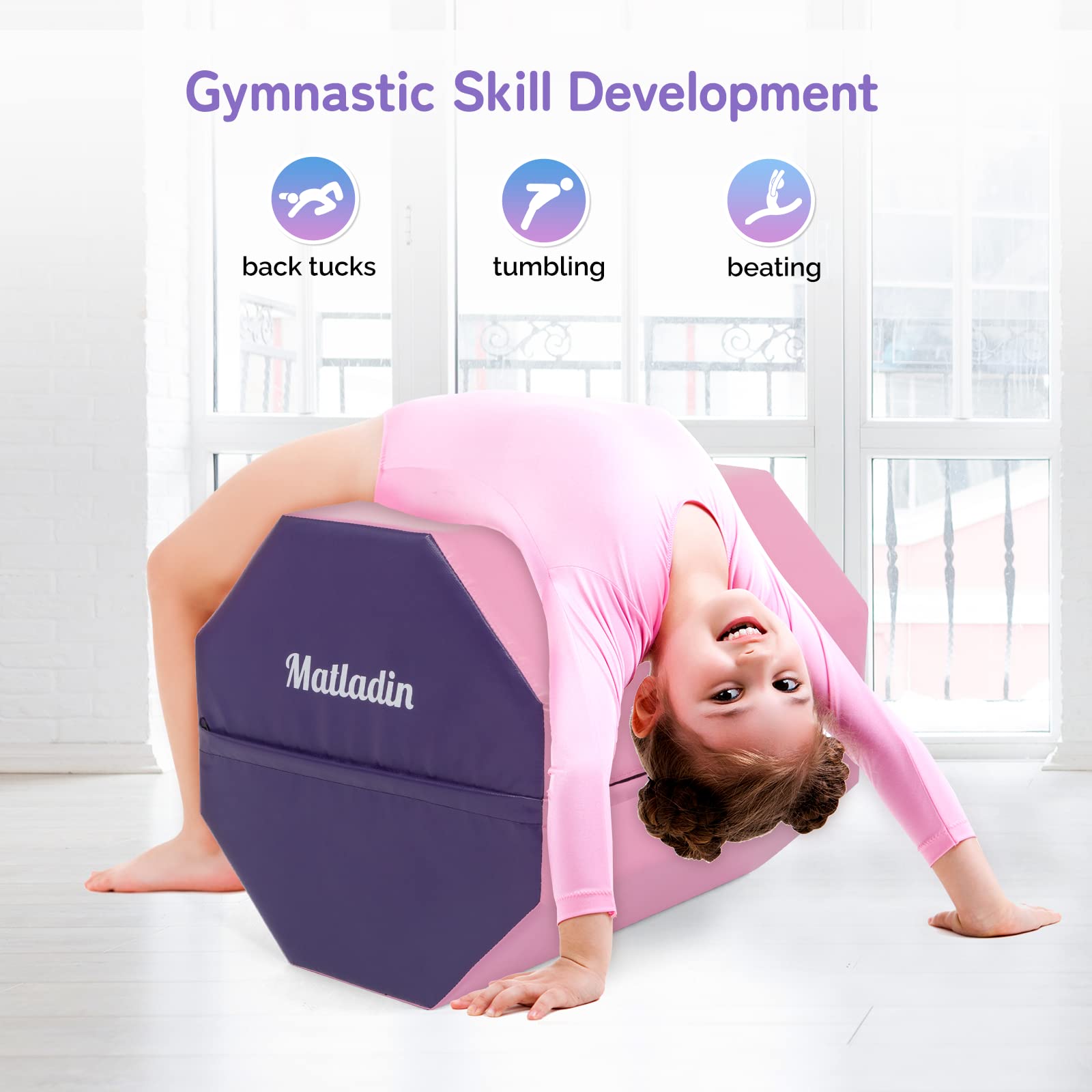 Matladin 20"x20" Gymnastics Octagon Mat Skill Shape Tumbling Backbend Trainer Exercise Mat for Preschool Kids Gym (Pink & Purple)