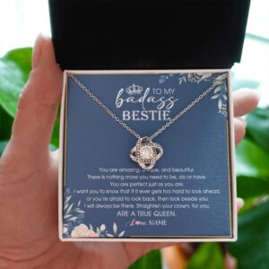 Yametee Personalized To My Bestie Necklace From Friend Sister Straighten Your Crown Queen Sister Pendant Jewelry Birthday Christmas Customized Gift Box Message Card Love Knot Necklace