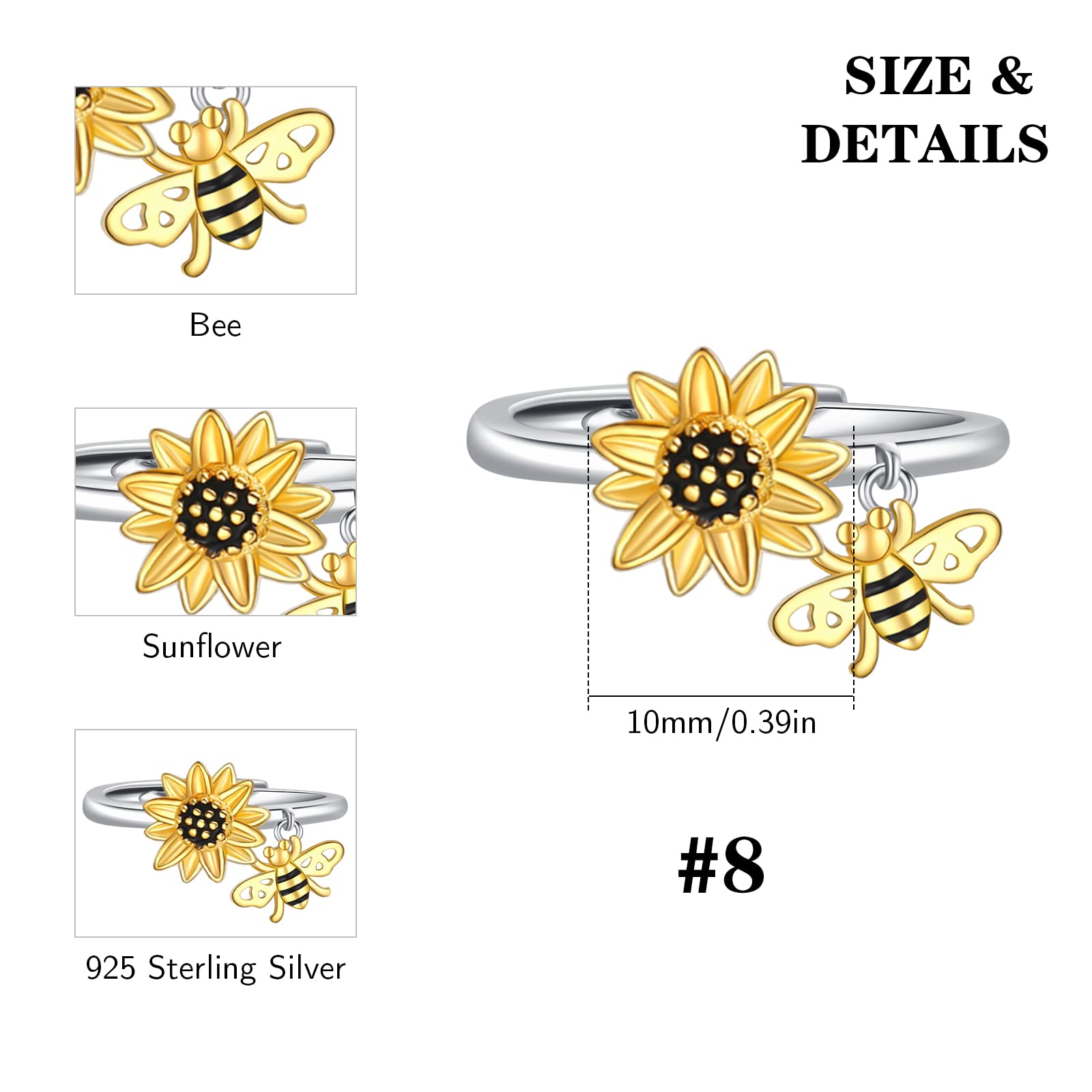 Sunflower Rings Sterling Silver Sunflower and Bee Rings Sunflower Adjustable Bee Ring Sunflower Jewelr Gifts for Women Girls Summer Birthday Mother's Day