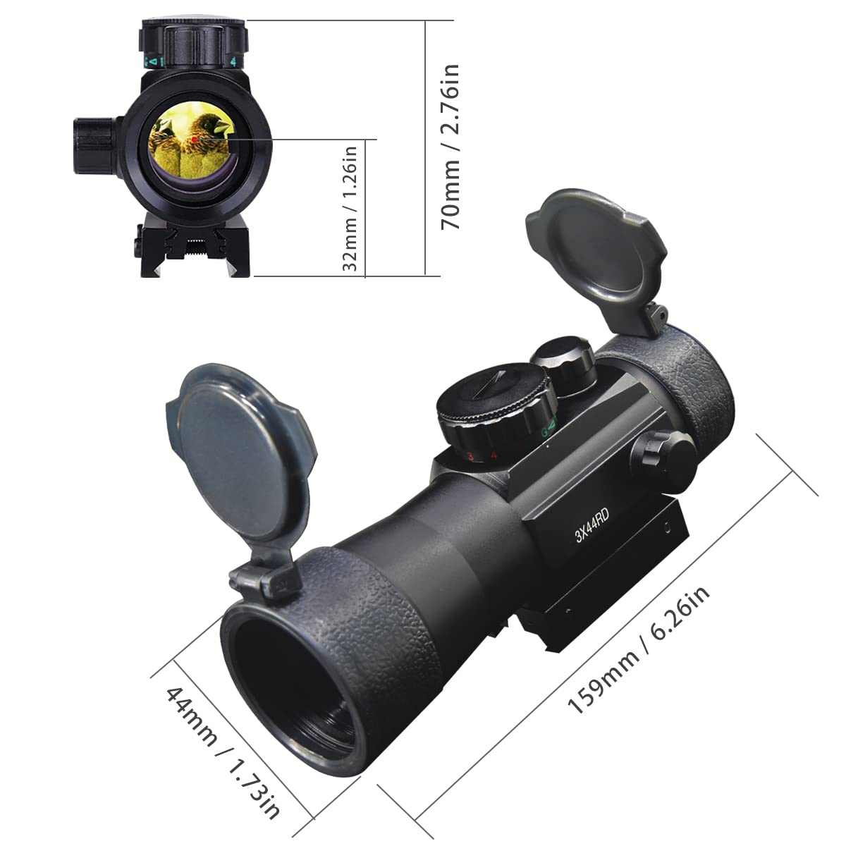 MOSANDON 3X44mm Red Green Dot Sight Scope,3X Eyepiece Reflex Sight with Lens Cap for 20mm/11mm Weaver Picatinny Rail Mount