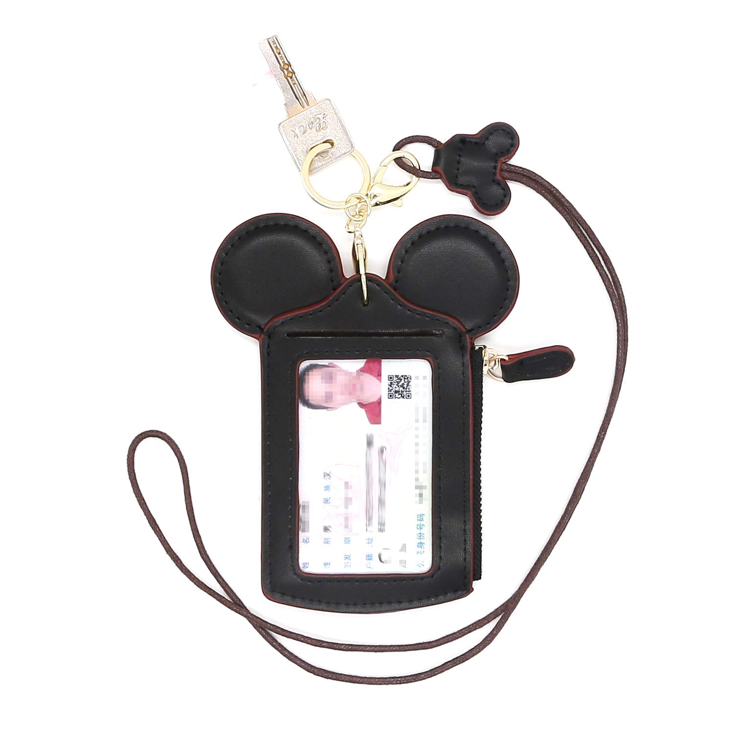 QiMing Mouse Ears Card holder,PU Lovely Lanyard Family Toys for Girl Woman(Black)