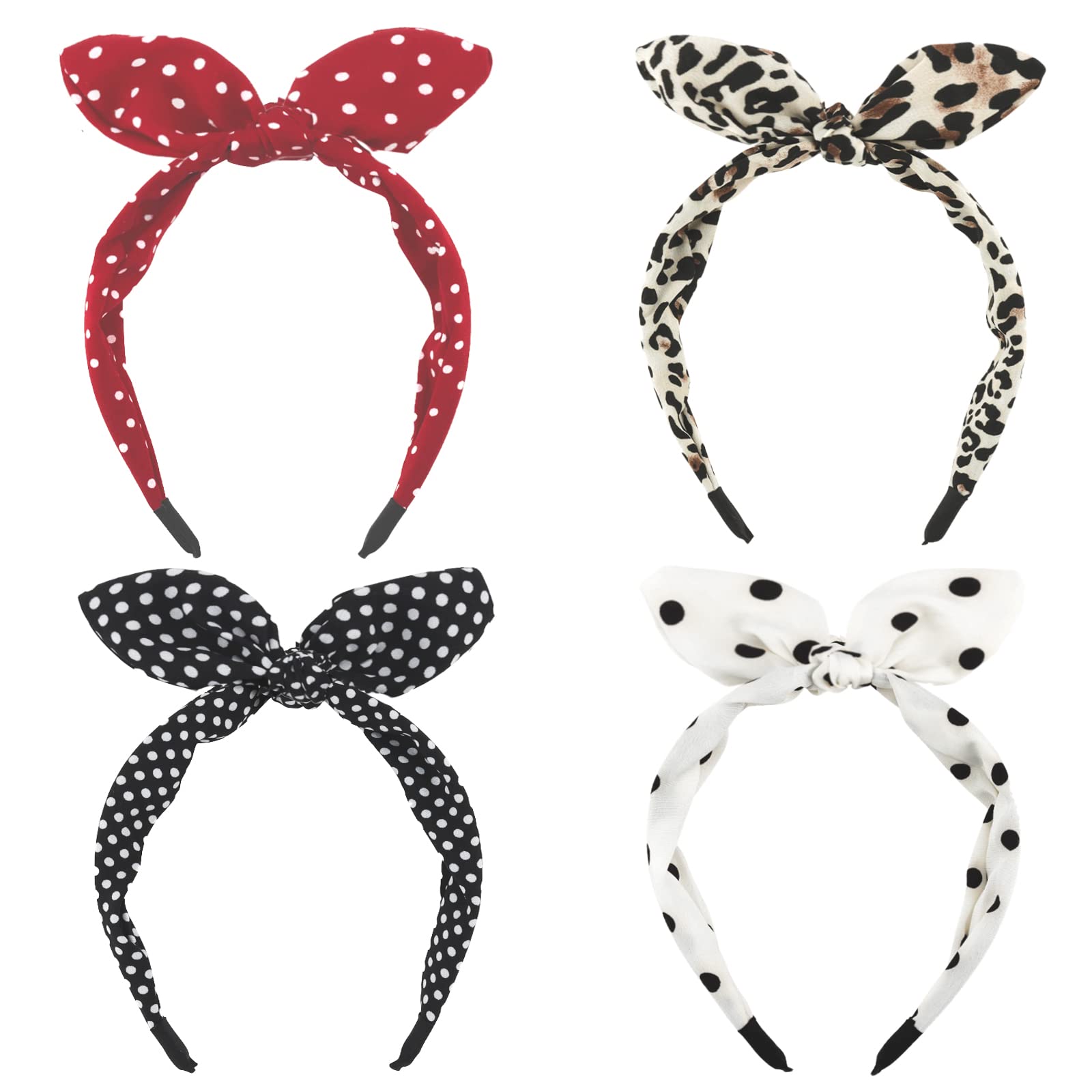 Wecoe Hairband, 4 Pack Bow Headbands for Women Girls, Cute Knotted Headband with Bow, Red, White, Black, Comfortable Cloth Leopard Polka Dot Hair Bands, Valentine's Day Hair Accessories, Gift