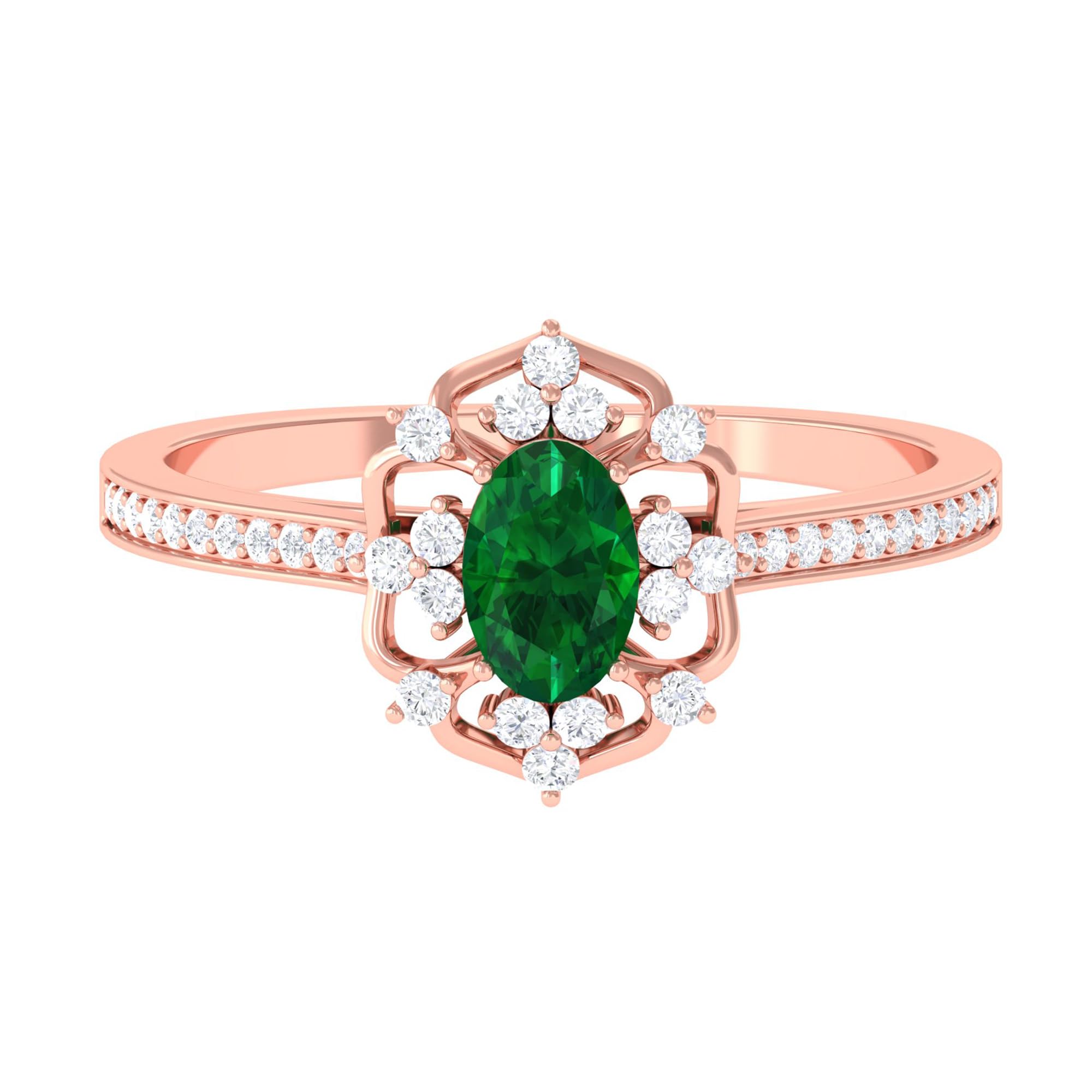 Created Emerald and Diamond Vintage Flower Engagement Ring | AAAA Quality, 14K Rose Gold, Size:US 10.50