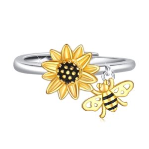 sunflower rings sterling silver sunflower and bee rings sunflower adjustable bee ring sunflower jewelr gifts for women girls summer birthday mother's day