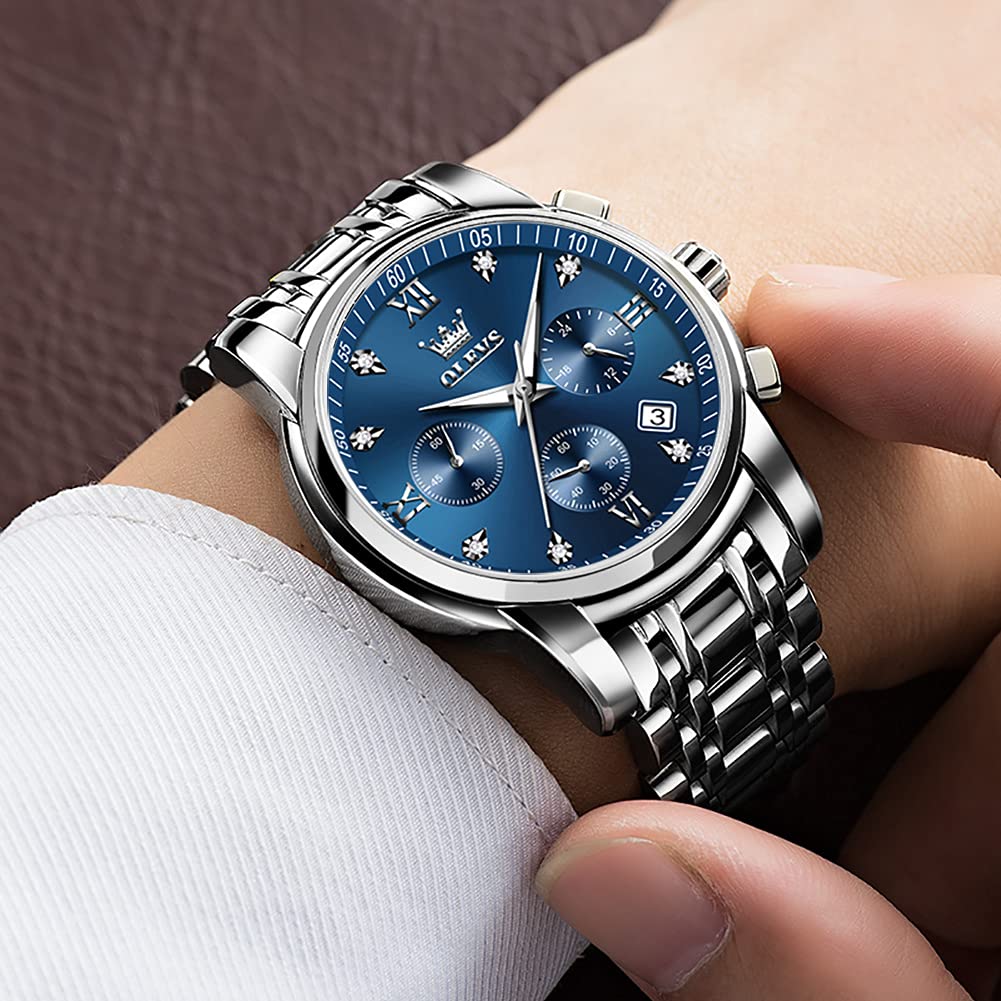 OLEVS Watches for Men with Date Luxury Big Face Waterproof Mens Wristwatch Analog Dress Two Tone Stainless Steel Man Watch Luminous Relojes De Hombre Calendar(GreenBlueBlack Dial）, Blue Dial,